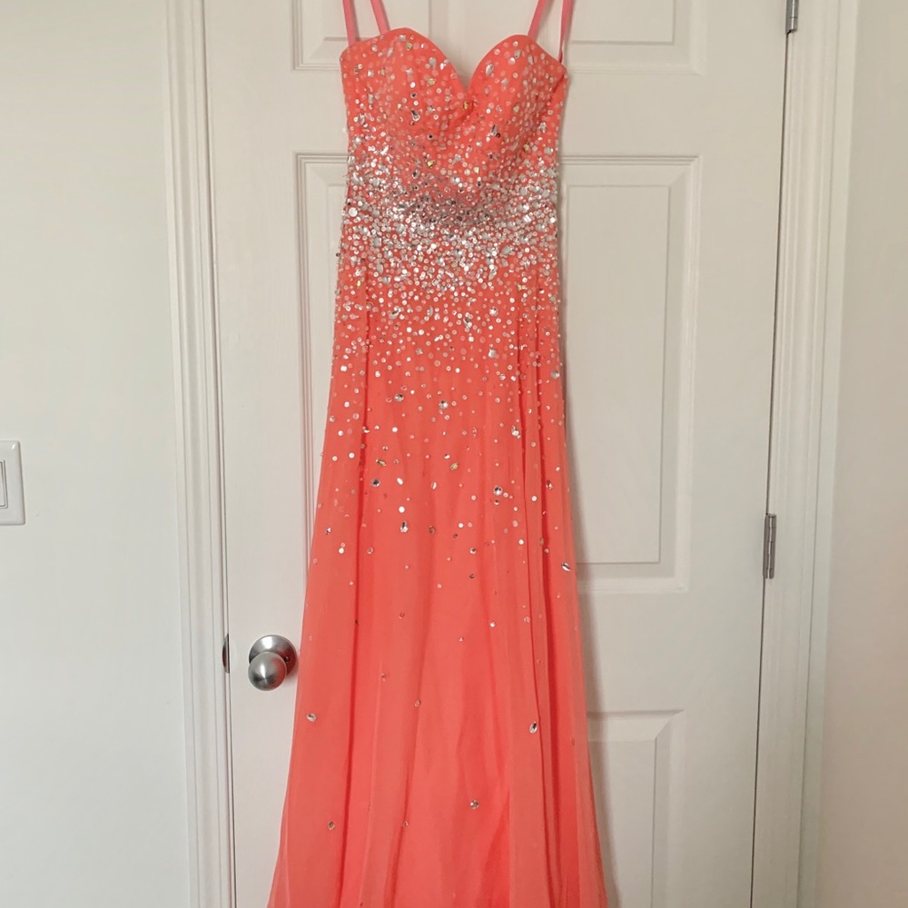 Strapless sparkly coral pink graduation dress